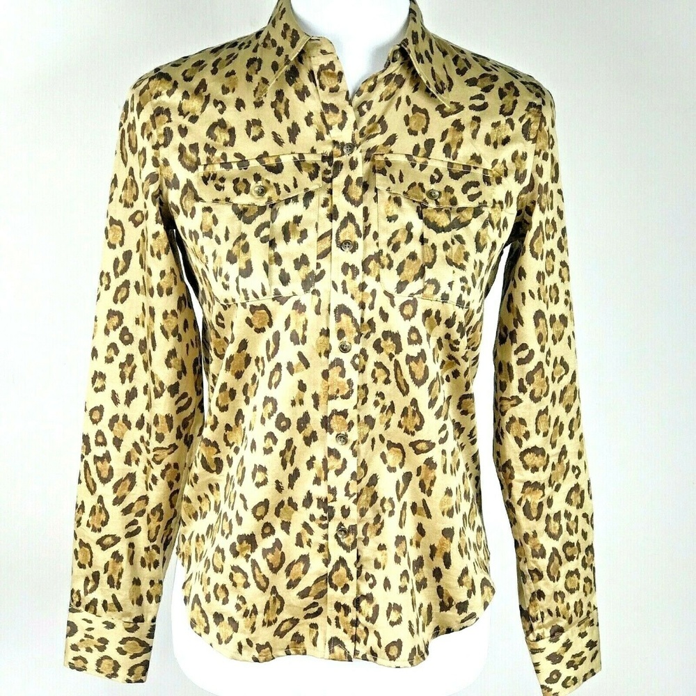 Lauren RL Blouse Leopard Pockets Button Cuff